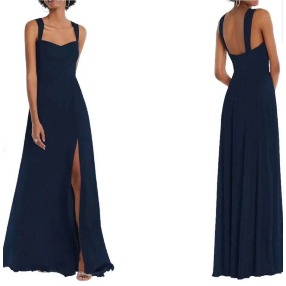 After Six Style 1558 Midnight Navy Chiffon Bridesmaids Gown Slit Size 18